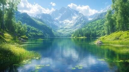 Fototapeta premium Serene mountain lake, lush greenery, sunny sky.