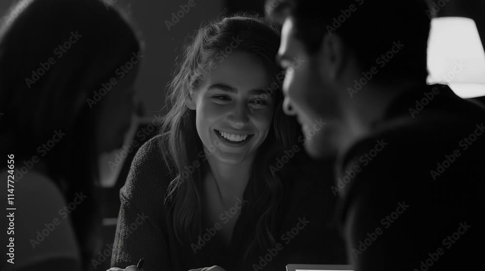 Aufkleber In a warm and inviting environment, a group of dynamic individuals shares smiles while discussing ideas and strategies