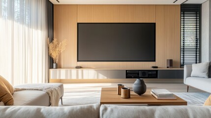 Minimalist modern home theater with clean, stylish design. Featuring neutral tones and sleek seating
