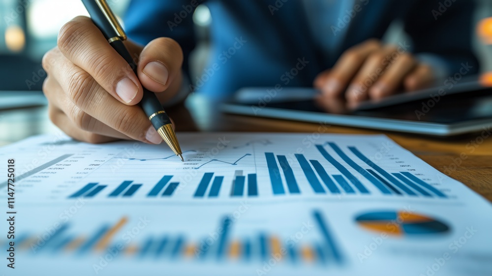 Poster a person is writing with a pen on a piece of paper with graphs