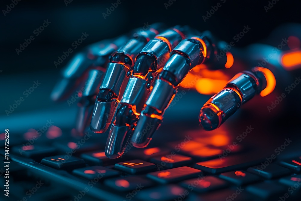 Poster robotic hand typing on a keyboard. concept of artificial intelligence, automation, and future techno