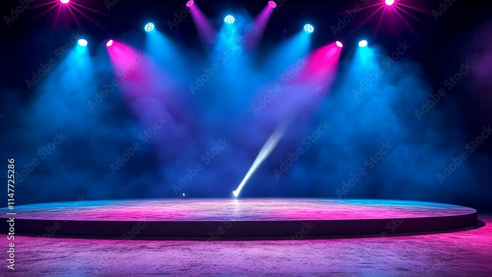 Poster colorful stage illuminated with vibrant lights in a theater setting during a live performance prepar
