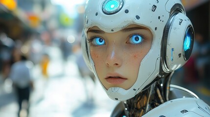 Fototapeta premium Close-up of a female android with glowing blue eyes in a city.