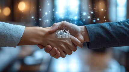 Successful real estate deal handshake with home icon.