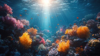 Fototapeta premium Vibrant coral reef underwater scene with sunlight.