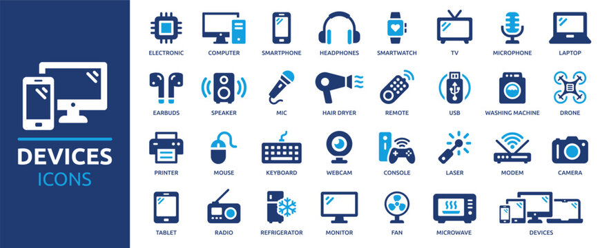 Devices icon set. Containing smartphone, tablet, computer, TV, camera, speaker, smartwatch, microphone, headphones and more. Solid vector icons collection.