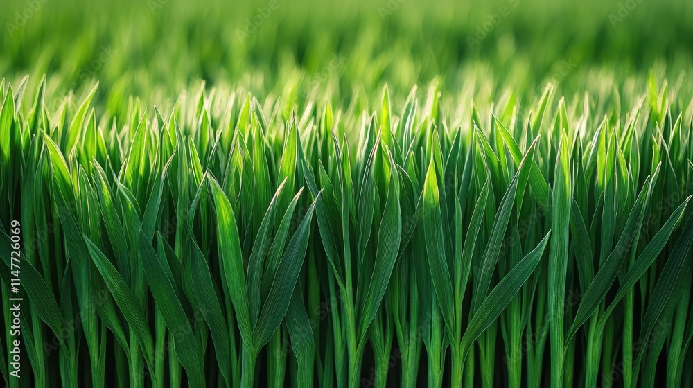 Poster a beautiful row of green grass tufts, arranged neatly, emphasizing the vibrant texture and freshness