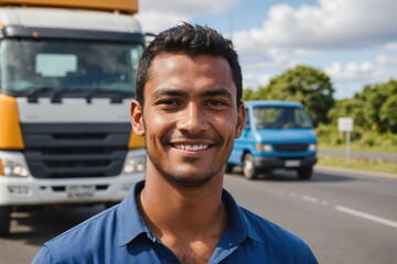 Close portrait of a smiling young Nauruan male truckdriver looking at the camera, against Nauruan blurred background.