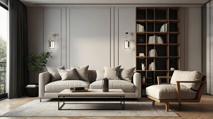 Minimalist living room with compact layout, modern space-saving furniture, sleek sofa, wall-mounted shelves, and clean lines, ultra-detailed 3D render.