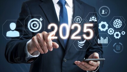 Businessman pointing at a glowing 2025 surrounded by icons.