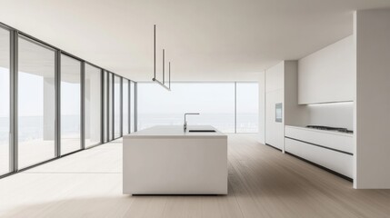 Minimalist modern kitchen island with clean, functional design. Featuring neutral tones and sleek countertops