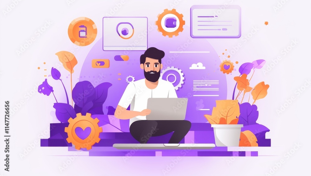 Poster bearded man working on laptop with user interface design elements