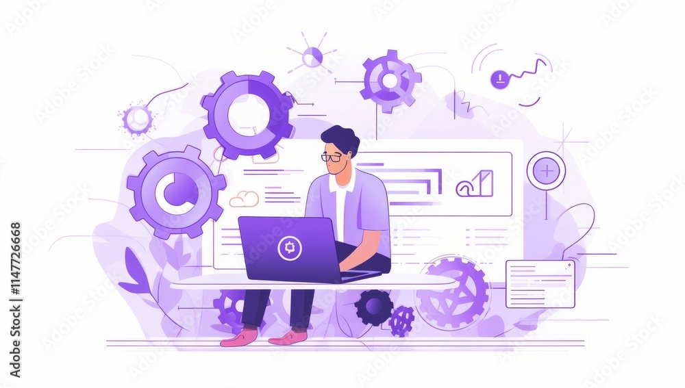 Poster man working on laptop with gears and data visualizations