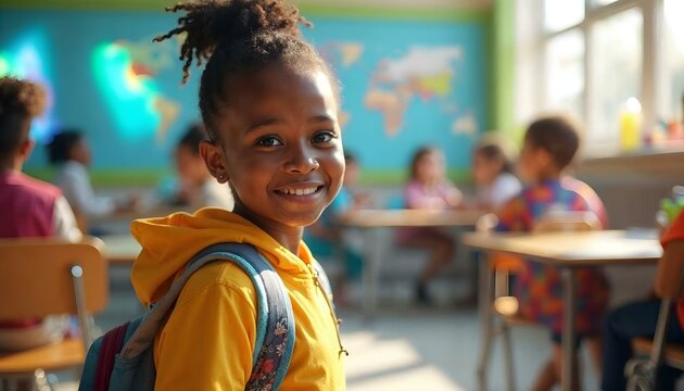 Smiling pupil wearing backpack entering classroom with world map in background