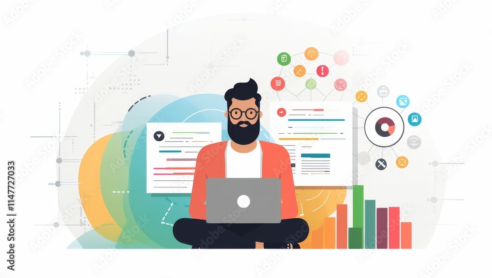 Poster bearded man working on laptop with data visualizations