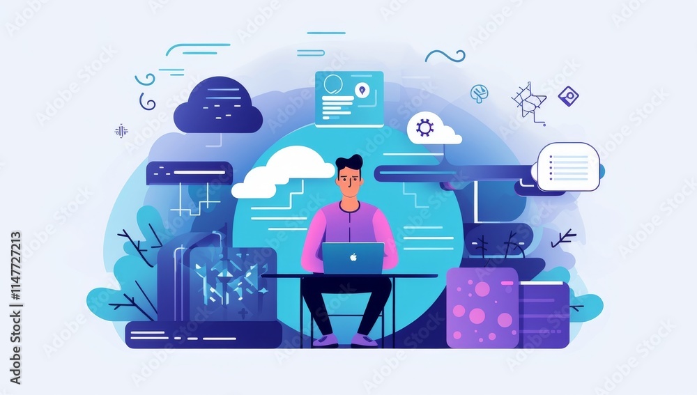 Poster cloud computing and programmer: modern technology and digital world concept illustration
