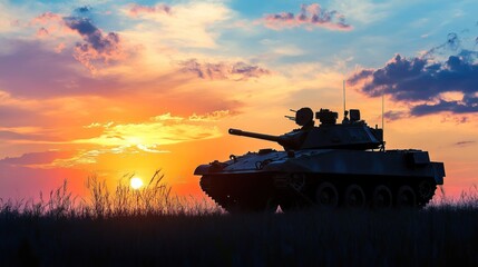 Tank Silhouette at Sunset Over Grassland