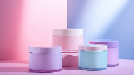A chic arrangement of pastel cream jars in pink, lavender, and blue on a soft gradient background, highlighting modern beauty product design.