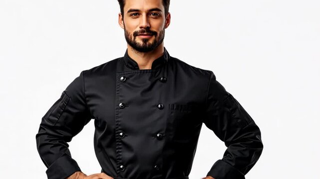 Chef in professional attire poses confidently with hands on hips in a culinary setting for a promotional shoot