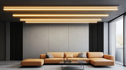 Modern living room with tan leather sectional sofa, glass coffee table, and linear ceiling lights.