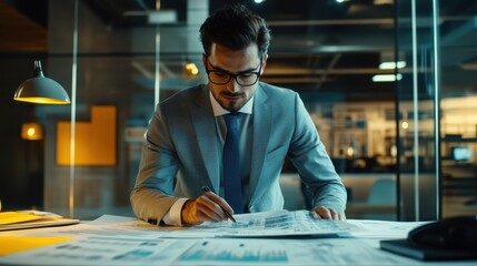 Business professional analyzing data modern office environment