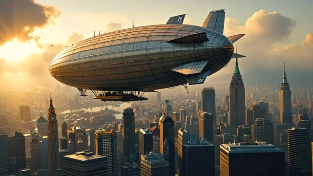 A massive futuristic airship hovering above a modern city skyline