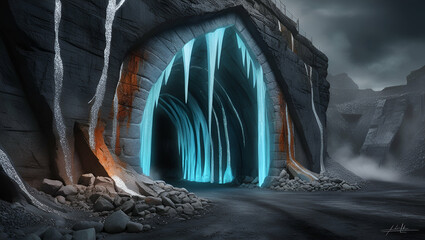 A detailed and lifelike image of a glowing cave entrance in a mining quarry, showcasing sparkling silver veins against the rugged texture of stone shafts, evoking a sense of mystery and exploration.