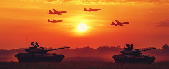 Sunset Silhouette Of Tanks And Jets In A Field