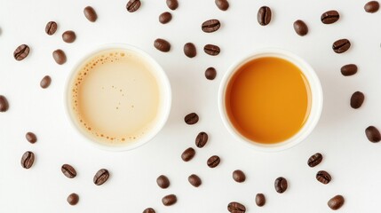 Obraz premium Top view of coffee and milk tea cups surrounded by coffee beans on a clean, minimalistic background.