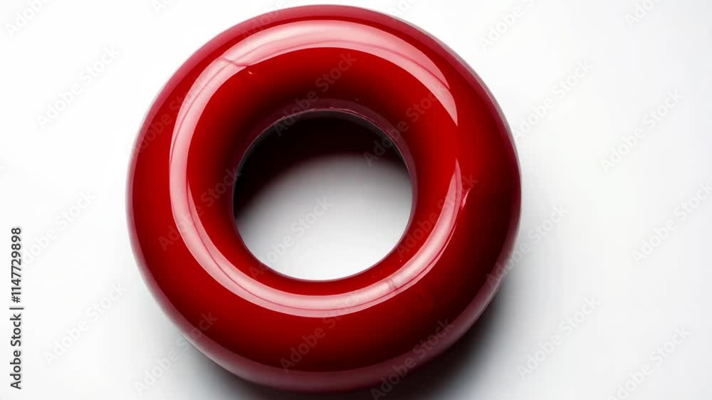 Poster bright red circular object placed on a plain white surface, showcasing its glossy finish and smooth 