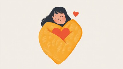 Woman Embracing Heart, Self-Love, Cozy Illustration