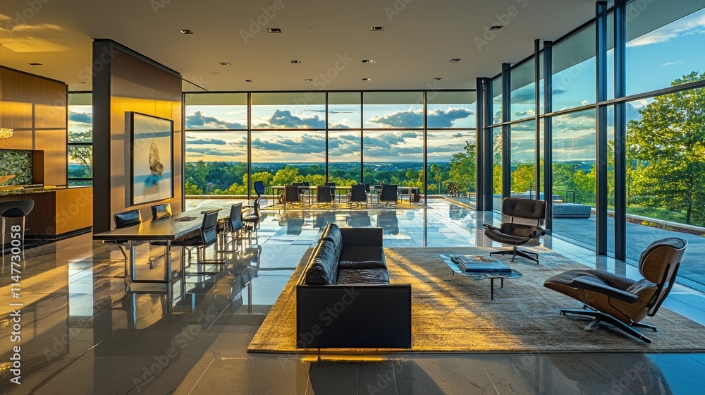 Aufkleber a contemporary office with glass walls and large windows, creating an open and airy space with a pan