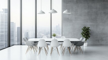 A contemporary office with panoramic views, a dining area in the center, and a minimalist white and gray color palette, creating a modern vibe