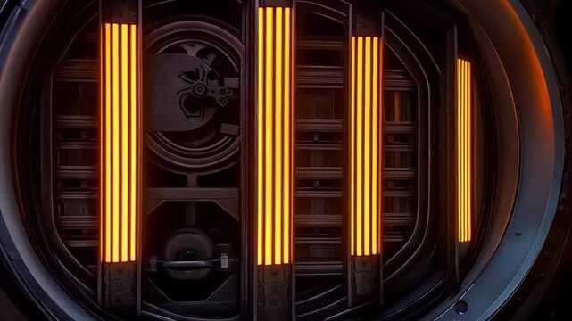 "A high-tech vault door embedded in a futuristic underground bunker, surrounded by glowing LED panels, intricate metallic patterns, and faintly illuminated symbols, ultra-realistic and detailed 8K."

