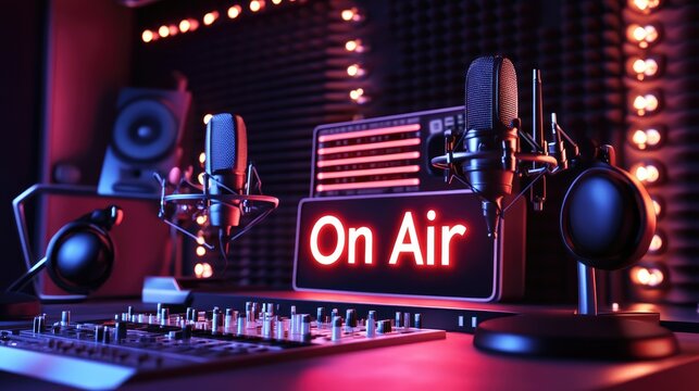 A contemporary online radio studio featuring a glowing "On Air" sign, sleek microphones, and headphones, preparing for a live broadcast.