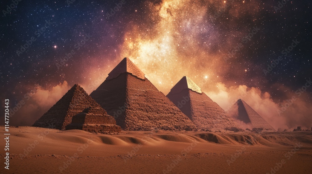 Poster a cosmic sky filled with stars and swirling clouds of dust above the pyramids, creating a mystical a