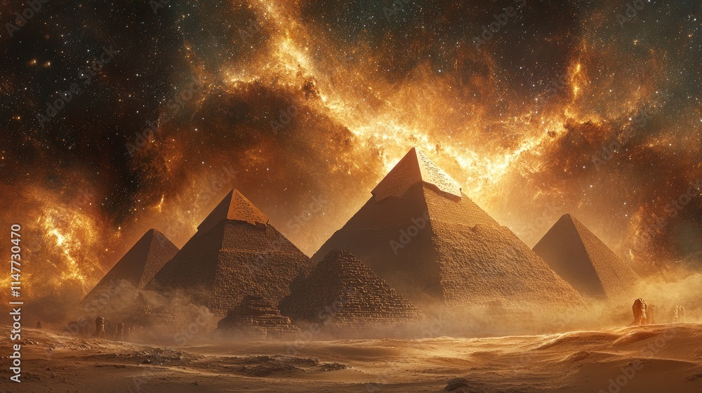 Poster a cosmic sky filled with stars and swirling clouds of dust above the pyramids, creating a mystical a