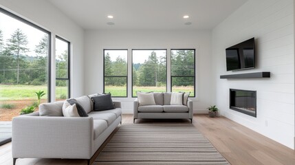 Modern living room with large windows, light grey sofas, and fireplace.