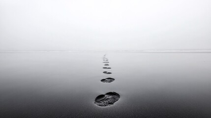 Footprints on a foggy beach, evoking solitude and reflection.