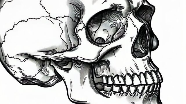 Detailed anatomical illustration of a human skull showcasing intricate bone structure and features