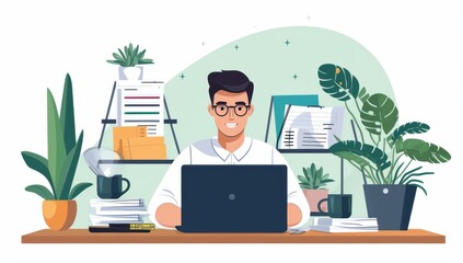 Smiling Man Working on Laptop in a Cozy Home Office