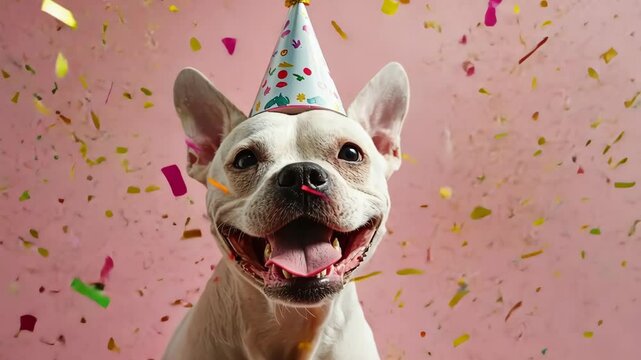 Happy dog celebrates birthday with festive hat and confetti in playful atmosphere
