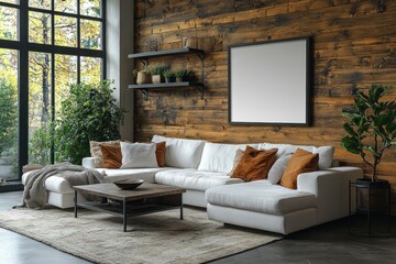 Modern living room with sectional sofa, wooden wall, large window, and plants.