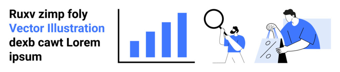 Bar chart analysis, person with magnifying glass, team member adjusting settings. Ideal for data review, teamwork, market research, business strategy, statistics, project management presentations