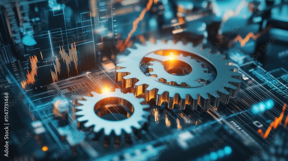 Poster close-up of interlocking gears on a colorful circuit board background