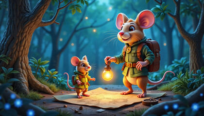 Naklejka premium Adventurous mice exploring forest with a glowing lantern.