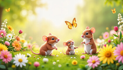 Naklejka premium Family of mice with butterfly in a flower field.