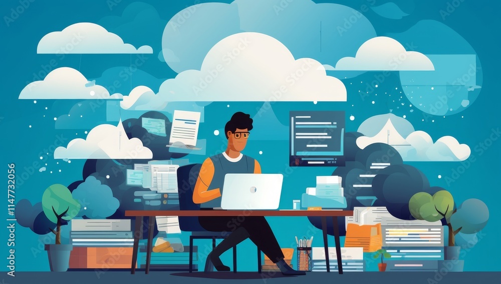 Poster cloud computing: man working with data in the cloud