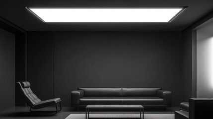 Dark modern living room with leather sofa, chair, and minimalist design.
