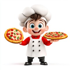 A cheerful cartoon chef holds two pizzas, showcasing vibrant toppings, in a playful and inviting style.